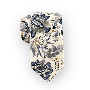 Men’s Off White w/ Steel Blue Chintz Floral Pattern Necktie, Slim 2.75” Width